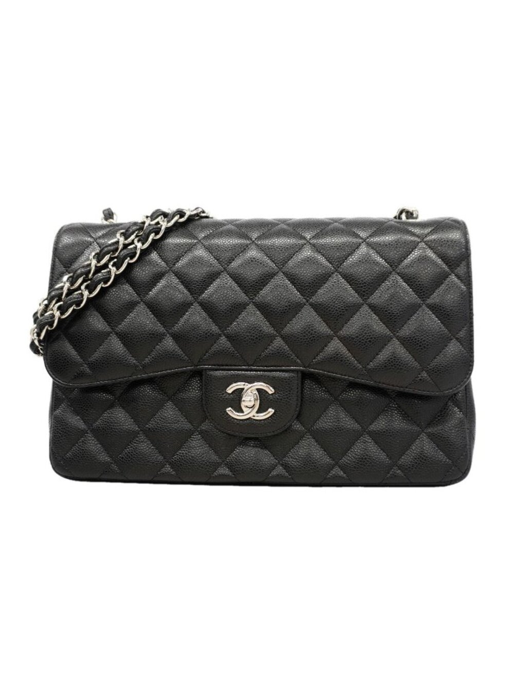 Chanel Shoulder Bag Maxi Quilted Caviar Leather Black Silver